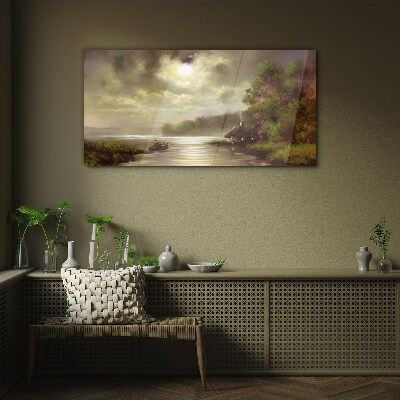 Glasbild Eine friedliche Landschaft am Wasser