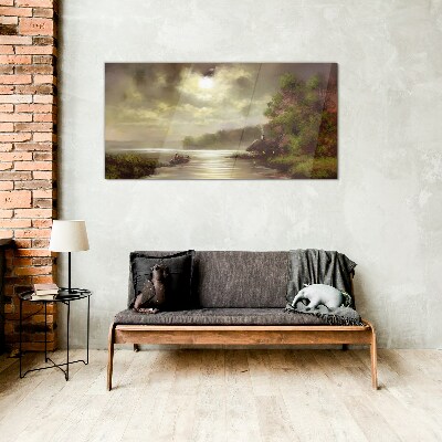 Glasbild Eine friedliche Landschaft am Wasser