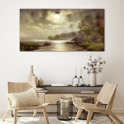 Glasbild Eine friedliche Landschaft am Wasser