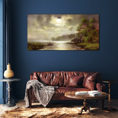 Glasbild Eine friedliche Landschaft am Wasser