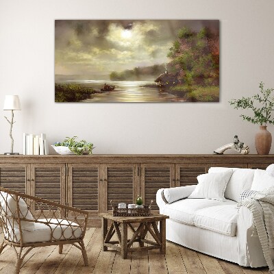 Glasbild Eine friedliche Landschaft am Wasser
