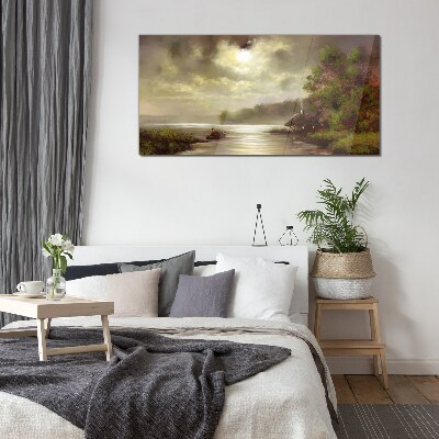 Glasbild Eine friedliche Landschaft am Wasser