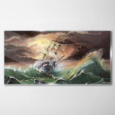 Glasbild Stürmischer Ozean mit einem Schiffswrack