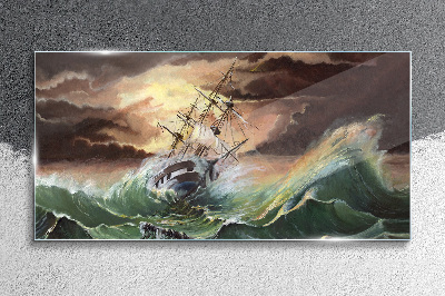 Glasbild Stürmischer Ozean mit einem Schiffswrack