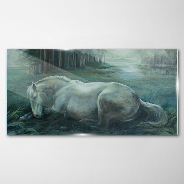 Glasbild Ein ruhiges Pferd in einer Waldlandschaft