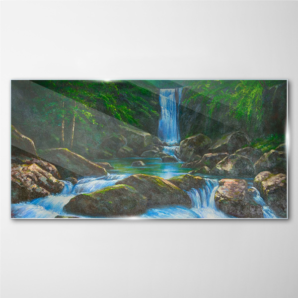 Glasbild Ein friedlicher Wasserfall in einer Waldlandschaft