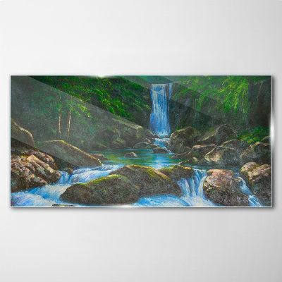 Glasbild Ein friedlicher Wasserfall in einer Waldlandschaft