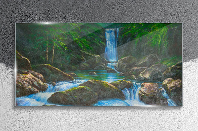 Glasbild Ein friedlicher Wasserfall in einer Waldlandschaft
