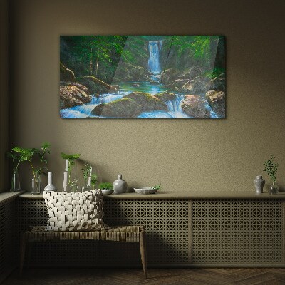 Glasbild Ein friedlicher Wasserfall in einer Waldlandschaft