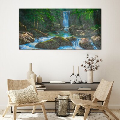 Glasbild Ein friedlicher Wasserfall in einer Waldlandschaft