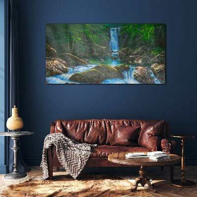 Glasbild Ein friedlicher Wasserfall in einer Waldlandschaft