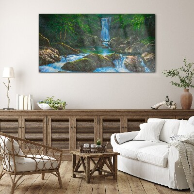 Glasbild Ein friedlicher Wasserfall in einer Waldlandschaft