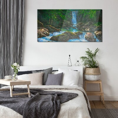 Glasbild Ein friedlicher Wasserfall in einer Waldlandschaft