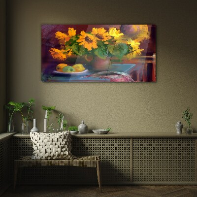 Glasbild Sonnenblumen in einer Vase