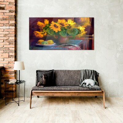 Glasbild Sonnenblumen in einer Vase
