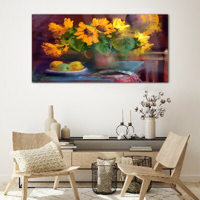 Glasbild Sonnenblumen in einer Vase