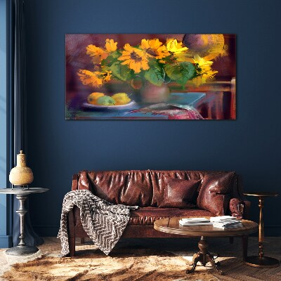 Glasbild Sonnenblumen in einer Vase