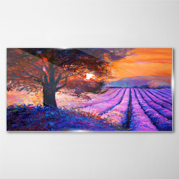 Glasbild Lila Landschaft bei Sonnenuntergang