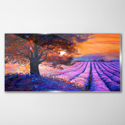 Glasbild Lila Landschaft bei Sonnenuntergang
