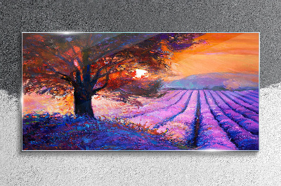 Glasbild Lila Landschaft bei Sonnenuntergang