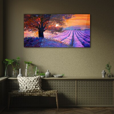 Glasbild Lila Landschaft bei Sonnenuntergang