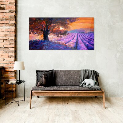 Glasbild Lila Landschaft bei Sonnenuntergang
