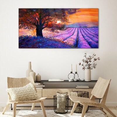 Glasbild Lila Landschaft bei Sonnenuntergang