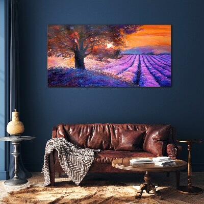 Glasbild Lila Landschaft bei Sonnenuntergang