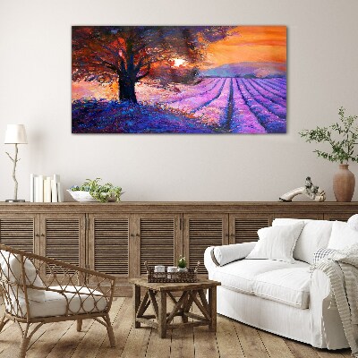 Glasbild Lila Landschaft bei Sonnenuntergang