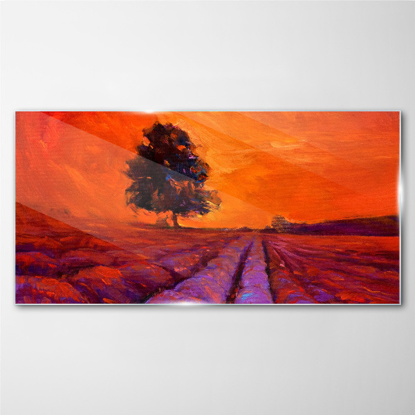 Glasbild Sonnenuntergang über den Feldern