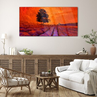 Glasbild Sonnenuntergang über den Feldern