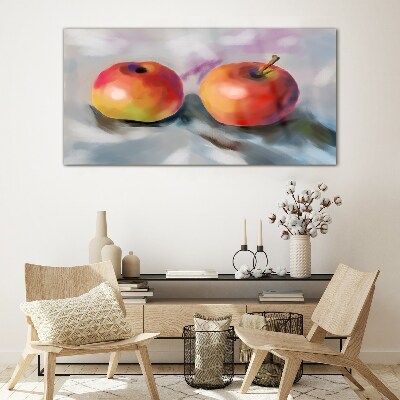 Glasbild Saftige Äpfel auf pastellfarbenem Hintergrund