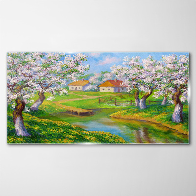 Glasbild Landschaft Bäume Blumen Wasser