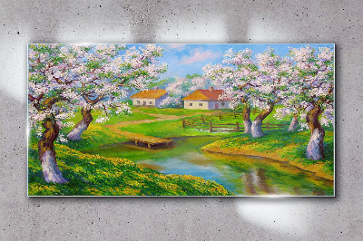 Glasbild Landschaft Bäume Blumen Wasser