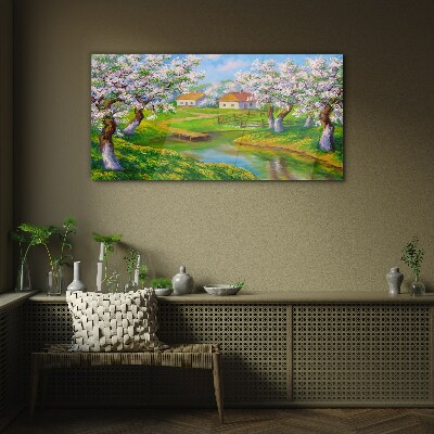 Glasbild Landschaft Bäume Blumen Wasser