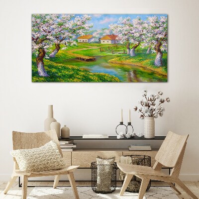 Glasbild Landschaft Bäume Blumen Wasser