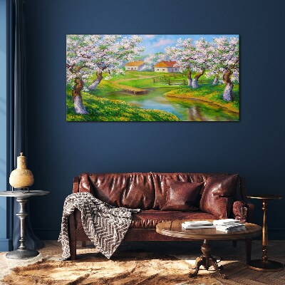 Glasbild Landschaft Bäume Blumen Wasser