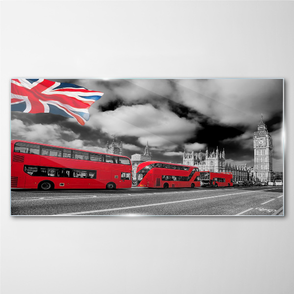 Glasbild Rote Londoner Busse mit britischer Flagge