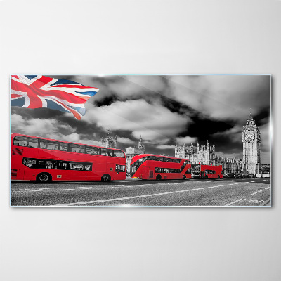 Glasbild Rote Londoner Busse mit britischer Flagge