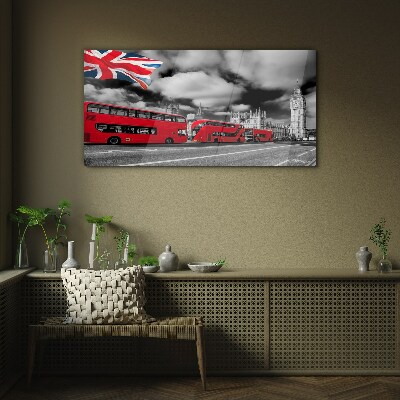 Glasbild Rote Londoner Busse mit britischer Flagge