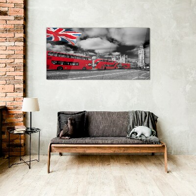 Glasbild Rote Londoner Busse mit britischer Flagge
