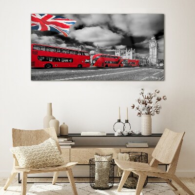 Glasbild Rote Londoner Busse mit britischer Flagge