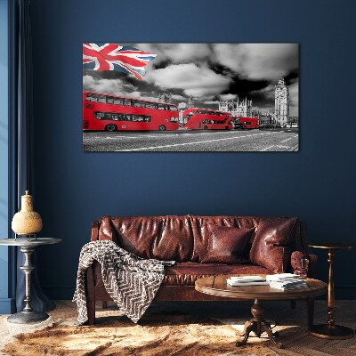 Glasbild Rote Londoner Busse mit britischer Flagge