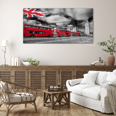 Glasbild Rote Londoner Busse mit britischer Flagge