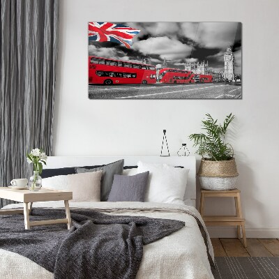 Glasbild Rote Londoner Busse mit britischer Flagge