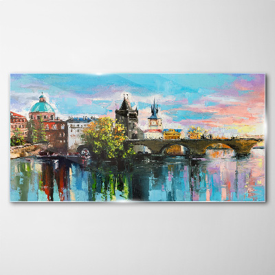 Glasbild Stadt-Fluss-Brücke-Himmel