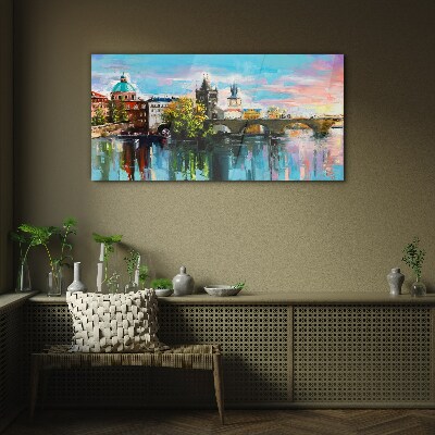 Glasbild Prag in den Farben des Sonnenuntergangs