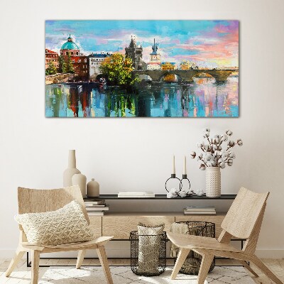 Glasbild Prag in den Farben des Sonnenuntergangs
