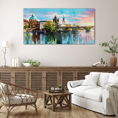 Glasbild Prag in den Farben des Sonnenuntergangs