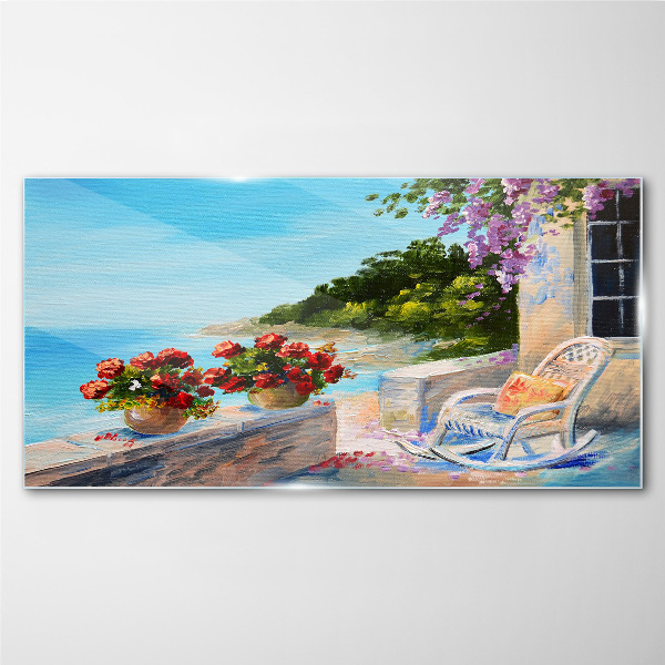 Glasbild Blumen und Meer in einer sonnigen Landschaft